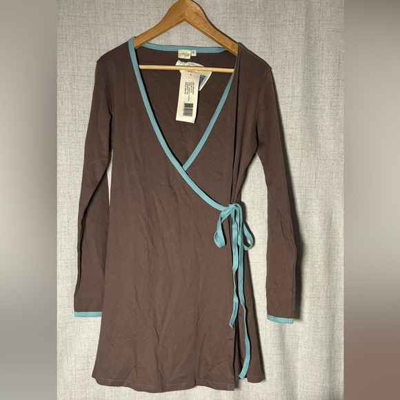 JOY ORGANIC brown & light blue tunic top wrap dress. 100% organic cotton. Soft. - Picture 3 of 12